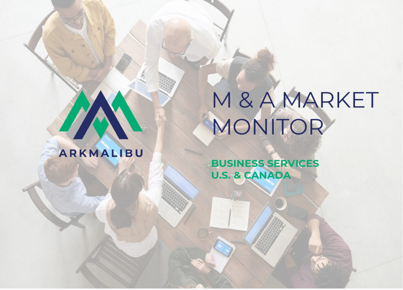 Market Monitor Cover for Business Services. Faded Image of an aerial view of a boardroom table with people meeting at it in the background