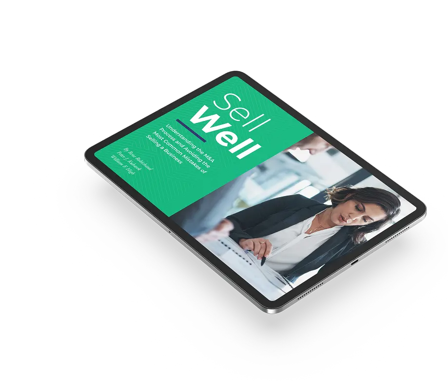 A tablet displaying a digital document titled Sell Well with an image of two people in business attire reviewing papers together. The background of the document is green with white and teal text.