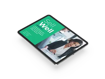 A tablet displaying a digital document titled Sell Well with an image of two people in business attire reviewing papers together. The background of the document is green with white and teal text.