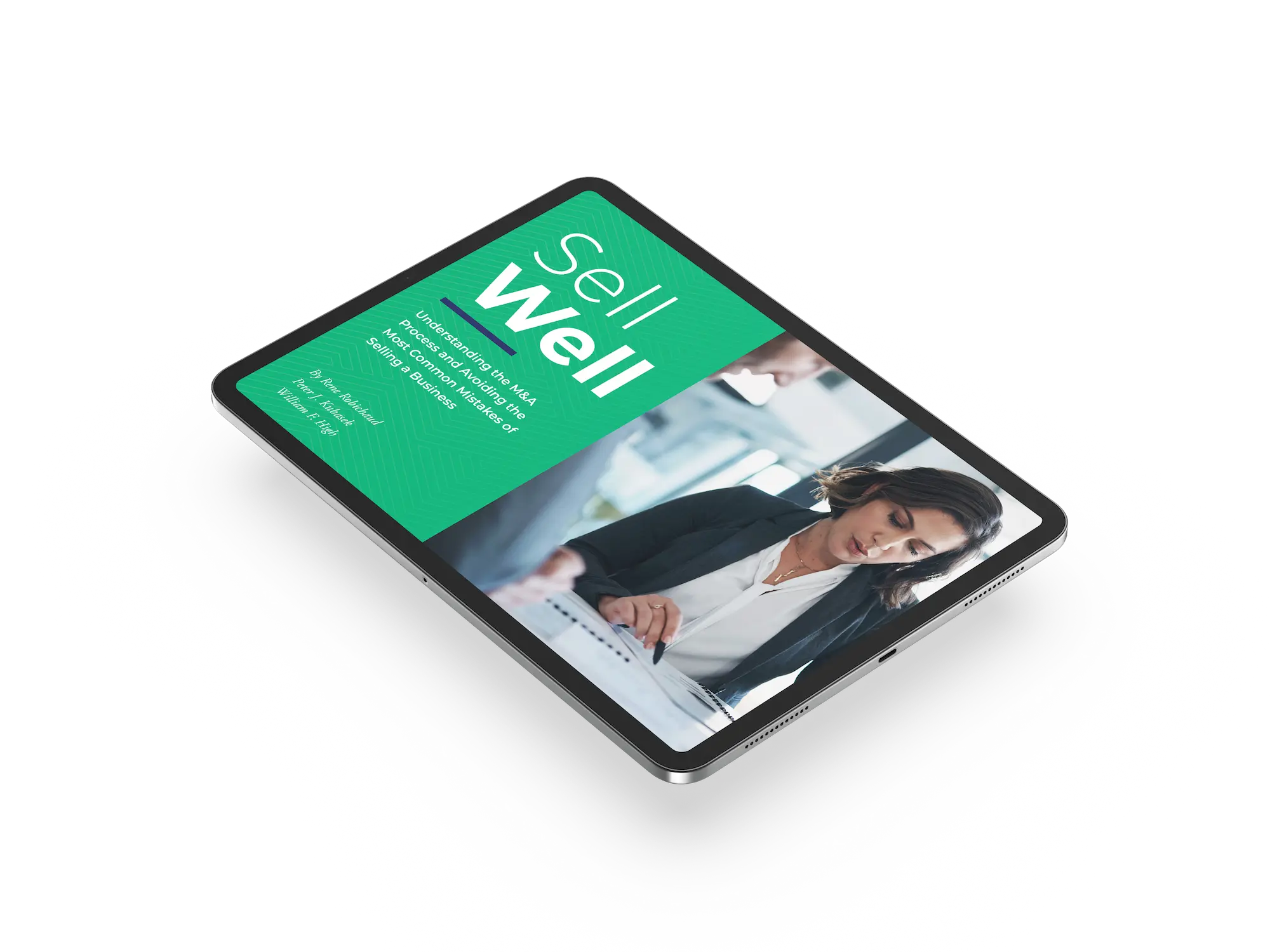 A tablet displaying a digital document titled Sell Well with an image of two people in business attire reviewing papers together. The background of the document is green with white and teal text.